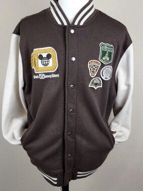 Disney Brown and Cream Varsity Bomber Jacket with Park Patchwork